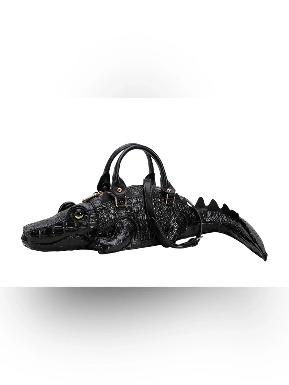 BLACK CROCODILE EMBOSSED ALLIGATOR NOVELTY SATCHEL HANDBAG
